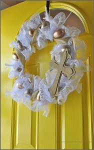 Check out this Golden Egg Easter Wreath made with plastic eggs, lace and a hot glue gun at Sparkles of Sunshine.