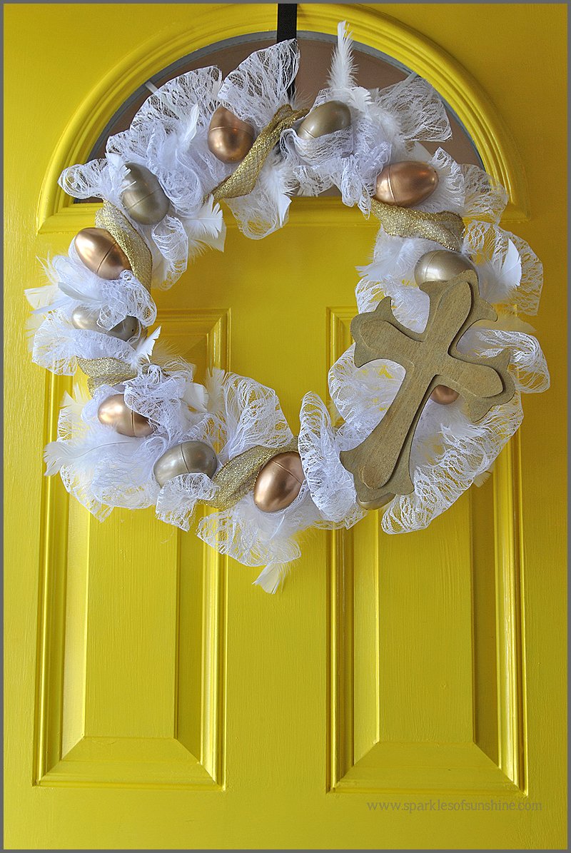 Check out this Golden Egg Easter Wreath made with plastic eggs, lace and a hot glue gun at Sparkles of Sunshine.