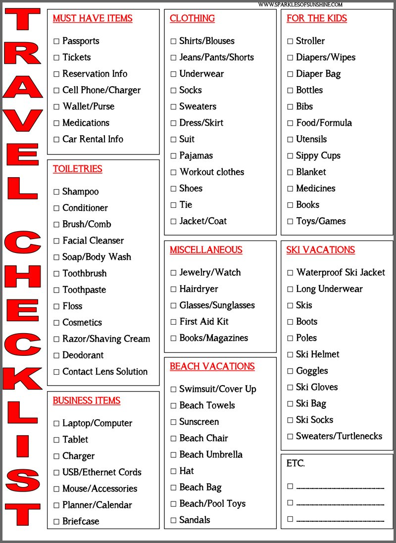 Stressed about packing for vacation? No worries! Use this easy free printable travel checklist to help you pack for vacation this summer! Find it at Sparkles of Sunshine.