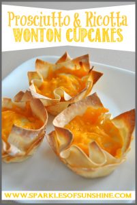 Recipe for easy but tasty Prosciutto & Ricotta Wonton Cupcakes at Sparkles of Sunshine. An excellent appetizer!