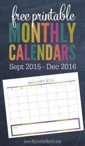 My Love For Words free printable 2016 Calendars