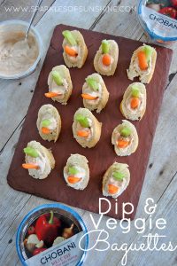 Looking for a fun way to serve dip at your next party? Use Chobani Meze Dip and veggies to add some flavor to baguette slices for a colorful party display.