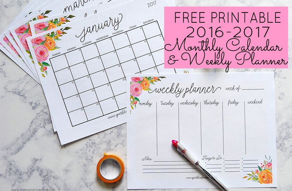 Free Printable 2017 Monthly Calendar and Weekly Planner FI - Sparkles ...