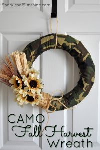 Switch things up this year with a unique test on a traditional harvest wreath. This camo fall harvest wreath is perfect for hunters and their families.