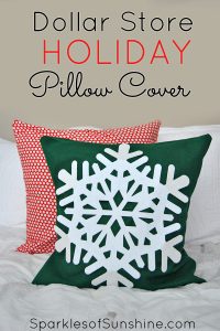 Make the easiest dollar store holiday pillow cover for just a few dollars worth of materials. It's great for decorating your home for the holidays on a budget.